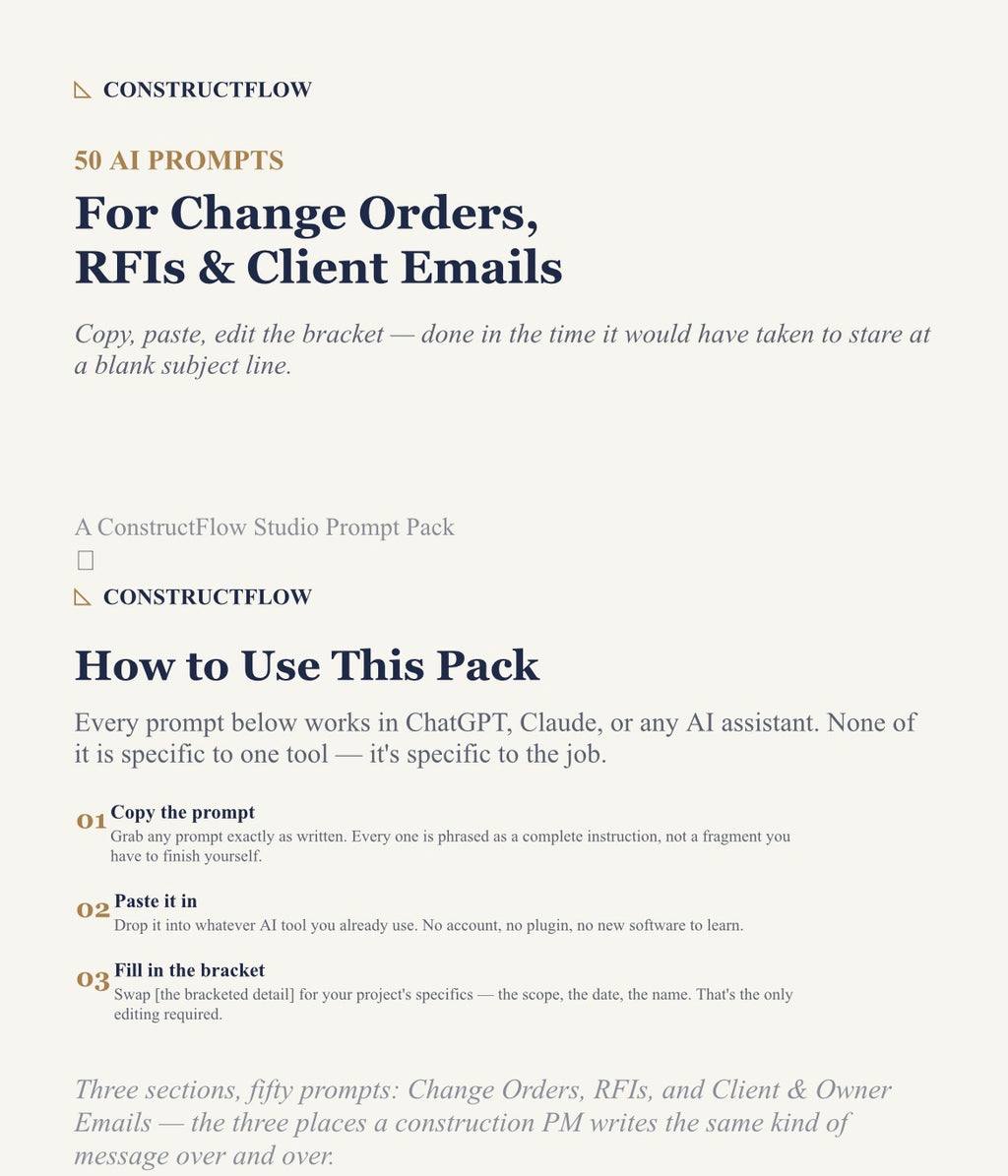 50 AI Prompts for Change Orders, RFIs & Client Emails — Construction PM Prompt Pack
