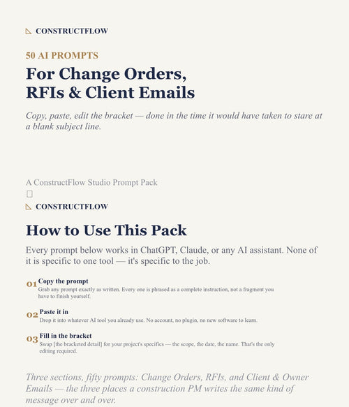 50 AI Prompts for Change Orders, RFIs & Client Emails — Construction PM Prompt Pack